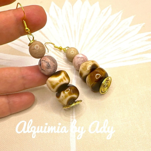 Rhodonite gold acrylic statement oversized big dangle vintage earrings - Picture 1 of 6